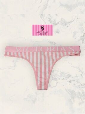 Victoria's Secret Size S Pink & White Striped Thong Panty